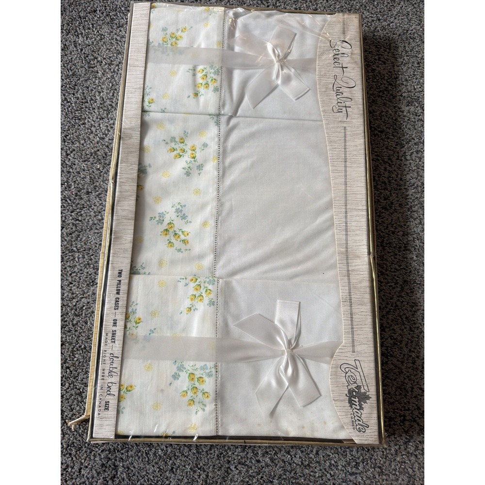 Vtg Tex Made Double Bed Flat Sheet 2 Pillowcases NIB Yellow Flowers